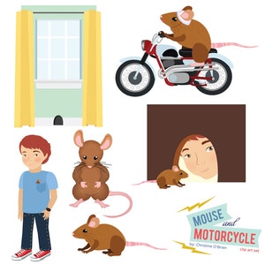 May include: A clip art set featuring a brown mouse riding a red motorcycle, a boy with red hair wearing blue jeans and a blue shirt, a brown mouse standing on its hind legs, a brown mouse peeking out of a brown hole, and a brown mouse with a long tail. The set also includes a window with yellow curtains and a sign that reads "Mouse and Motorcycle" with the text "by: Christine O'Brien" and "clip art set".