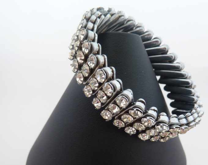 Vintage Three Row Clear Rhinestone Diamante Expanding Stretch Bracelet ...