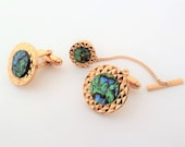 Tono oro vintage e Abalone gemelli e cravatta Tac o Tie Pin Set