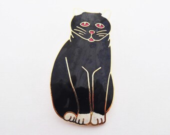 Vintage Gold Tone Cloisonné Enamel Black Cat Brooch