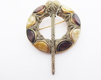 Vintage Miracle Celtic Penannular Style Antiqued Gold Tone Brooch with Dark Brown and Cream Faux Agate Stones