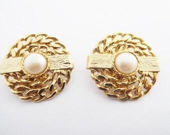 Vintage DMJ Circular Gold Tone Clip Earrings With Curb Chain Design and Faux Pearl Cabochons