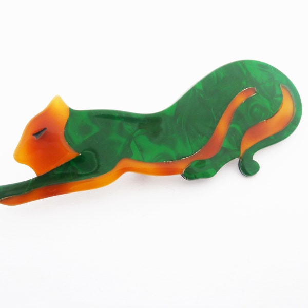 Vintage Lea Stein Paris Stretching Panther Cat Brooch Marbled Green and Amber Butterscotch Cellulose Acetate