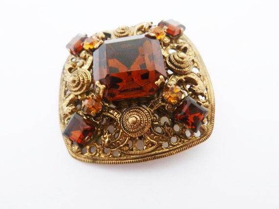 Vintage Czech Amber and Topaz Glass Gold Tone Ope… - image 5