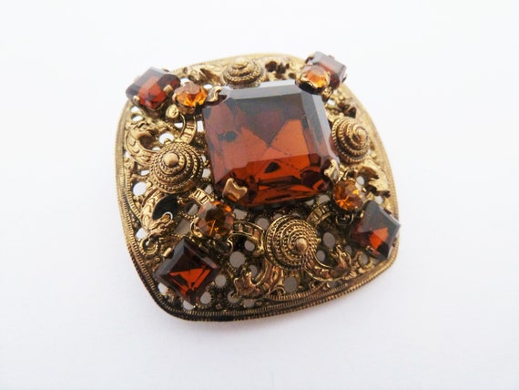 Vintage Czech Amber and Topaz Glass Gold Tone Ope… - image 2