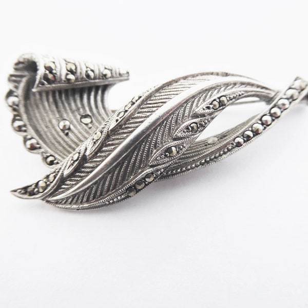 Vintage Theodor Fahrner Style 835 Silver and Marcasite Leaf and Scroll Brooch