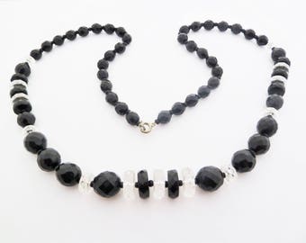 Vintage Czech Art Deco Style French Jet Black Glass and Clear Crystal Faceted Bead Necklace