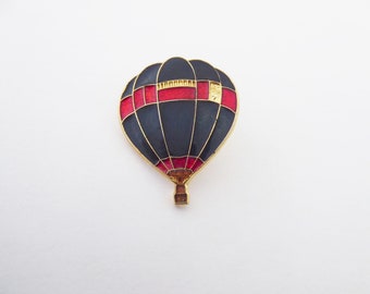 Vintage Fish and Crown Gold Tone Black and Red Enamel Hot Air Balloon Lapel Brooch