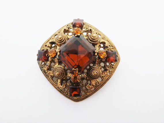 Vintage Czech Amber and Topaz Glass Gold Tone Ope… - image 1