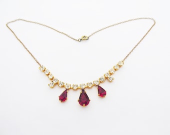 Vintage Gold Tone Chain Necklace with Clear and Red Rhinestones Short Length