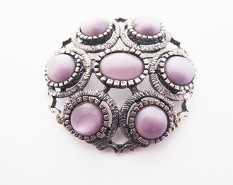 Vintage Antiqued Silver Tone Brooch with Lilac Amethyst Moonglow Glass Cabochons