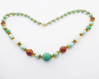 Vintage Jade Green & Bronze Glass Bead Necklace