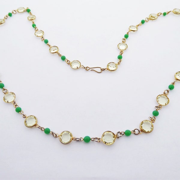 Vintage Long Bezel Set Citrine Glass Crystal and Green Glass Bead Gold Tone Necklace