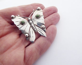Broche Papillon En Alpaca (Argent Du Mexique) Avec Pierre Verte - Bijou Vintage Occasion