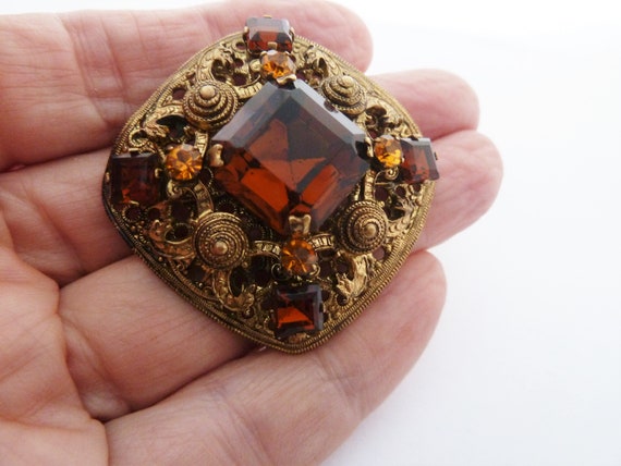Vintage Czech Amber and Topaz Glass Gold Tone Ope… - image 3