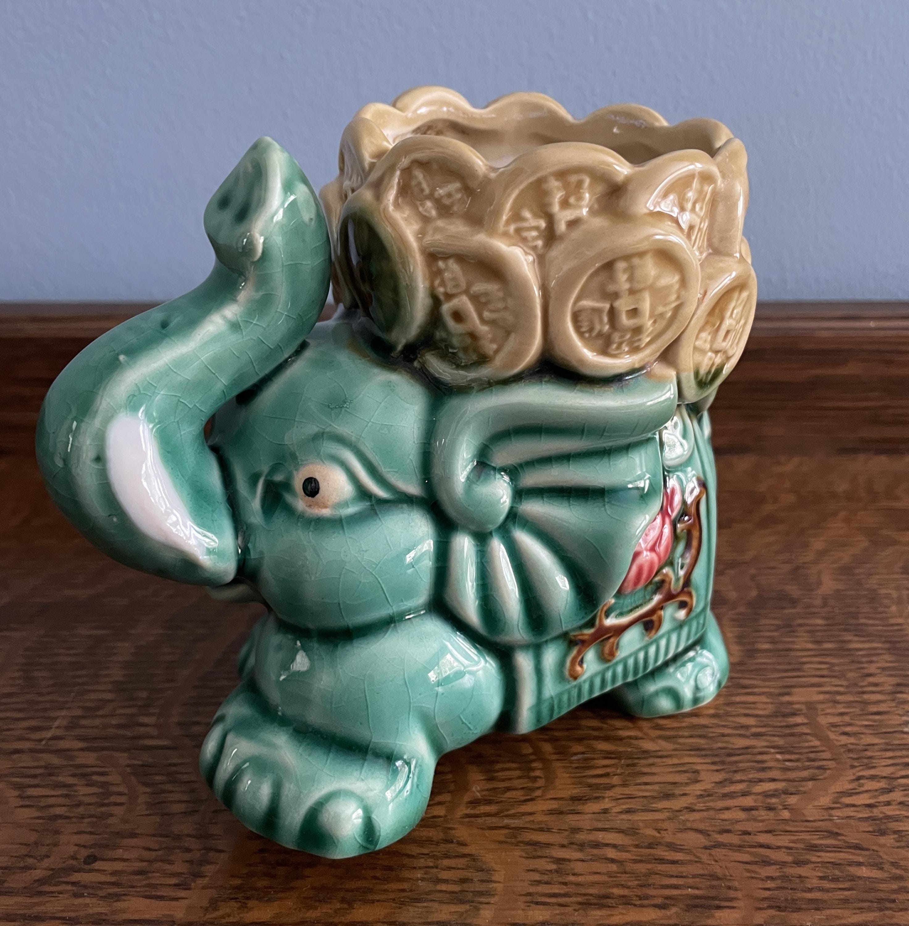 Vintage Green Elephant Planter Pot Mid Century Lucky Trunk up Vase ...