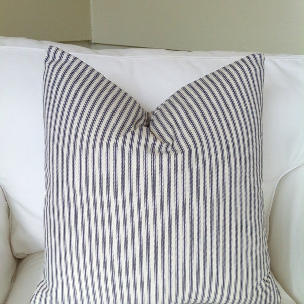 Choose your size! 20x20 or 18x18 Navy & White Ticking Stripe Pillow Cover - French Country Rustic Shabby Chic!