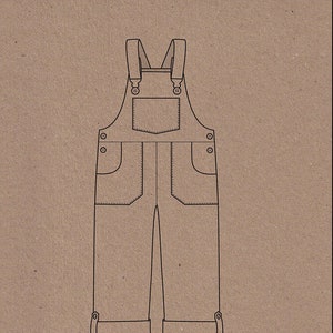 May include: Line drawing of a pair of dungarees with a bib and two pockets on the front. The dungarees have a cuffed leg. The text "freddie dungarees" and "|| two stitches ||" is below the drawing.