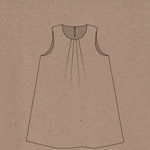 May include: Line drawing of a sleeveless dress with a gathered neckline. The text "frida dress & swing top" and "|| two stitches ||" is below the drawing.