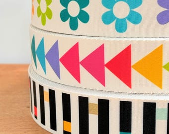 Rainbow Webbing Tape - Daisies, Stripes, Quilting Triangles - 38mm/ 1.5" wide - sold by the metre