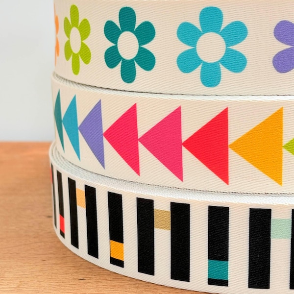 Taśma klejąca Rainbow – stokrotki, paski, trójkąty pikujące – szerokość 38 mm/1,5 cala – sprzedawana na metry