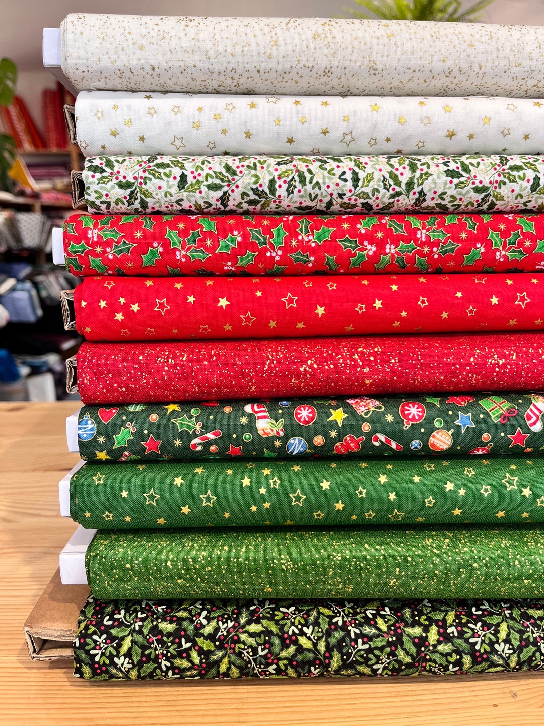 Christmas Quilting Fabrics Holly Stars Metallic Fat Quarters Various Designs Etsy