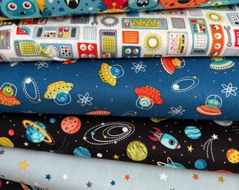 Colección de telas de algodón Fat Quarters con planetas y extraterrestres del espacio exterior