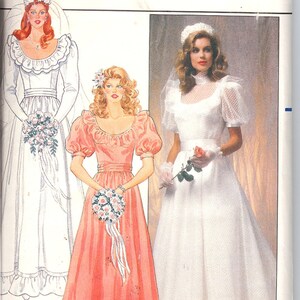 May include: A vintage Butterick sewing pattern featuring illustrations of three different wedding dresses. The dresses include a white bridal gown with long sleeves, a coral-colored bridesmaid dress, and a white gown with short sleeves. The size is 10.