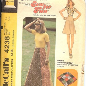 May include: A vintage sewing pattern for a skirt and top. The pattern is McCall's 4238 and includes instructions for making a patchwork pillow. The pattern is for sizes 25 to 34 1/2.