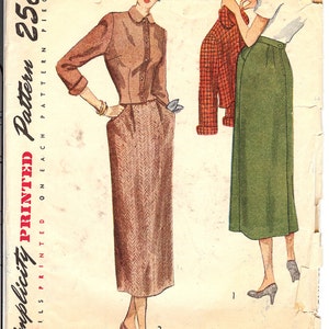 May include: Vintage Simplicity sewing pattern for a dress and skirt. The pattern is for size 14 and has a bust measurement of 32 inches. The pattern is printed on paper and is in good condition.