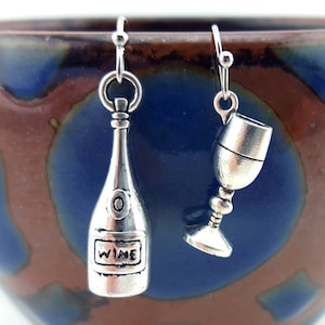 Wine earrings wine jewelry wine bottle earrings wine glass earrings wine bottle jewelry mismatched earrings wine club earrings image 1
