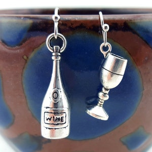 Wine earrings - wine jewelry - wine bottle earrings - wine glass earrings - wine bottle jewelry - mismatched earrings - wine club earrings