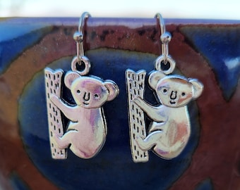 Koala earrings - silver koala bear charm earrings - koala on bamboo charms - koala theme - Australian vacation earrings - Silver Koalas
