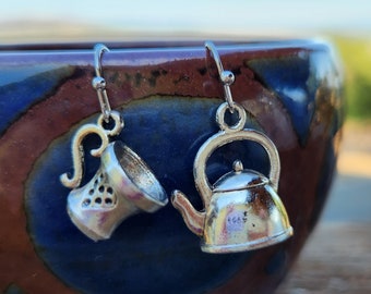 Tea cup and kettle earrings - mad hatter earrings - tea theme earrings - tea jewelry - mismatched earrings - alice white rabbit chesire cat
