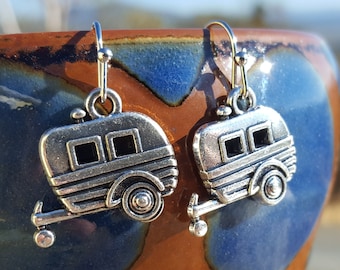 Happy Camper Earrings - Trailer Earrings - Camping Earrings - Handmade earrings - trailer charms - happy camper jewelry - silver trailer