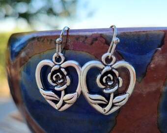 Rose heart earrings - my love for a rose - rose earrings - heart earrings - flower jewelry - roses and hearts - silver roses silver hearts