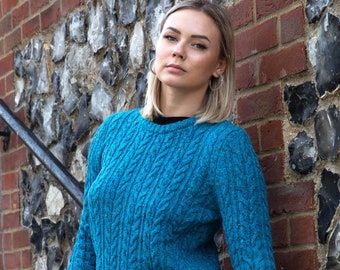 Cable Knit Jumper Unisex Sweater Winter Jumper Turquoise Jumper Merino Sweater Tweed Jumper Wool Jumper Hand Knit Sweater Cable UK 14