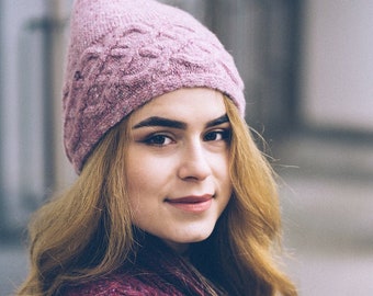 Knitted hat Pink Tweed Aran Women