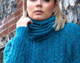 Cable Knit Jumper Unisex Sweater Winter Jumper Turquoise Jumper Merino Sweater Tweed Jumper Wool Jumper Hand Knit Aran Pullover UK size 12