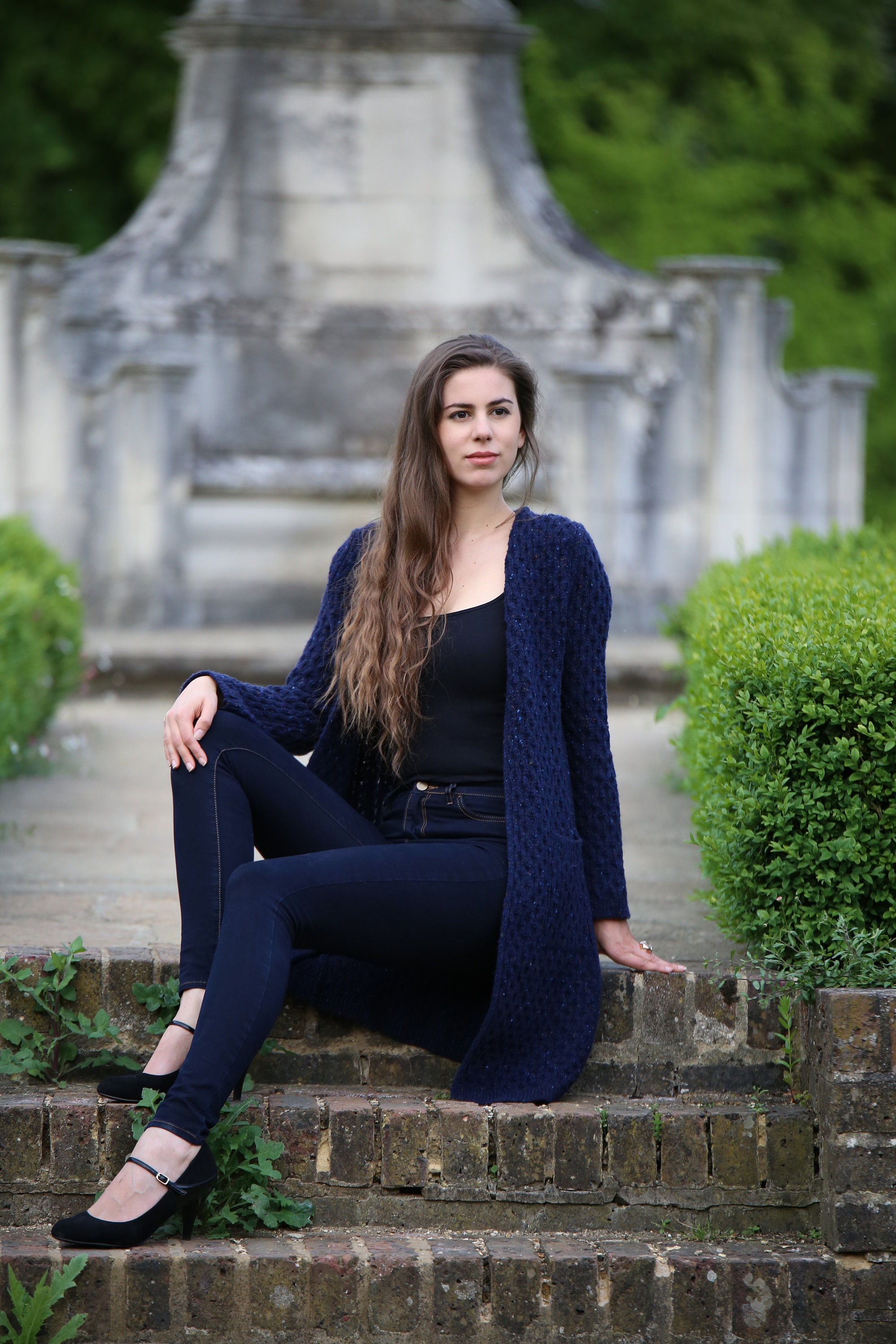Image of Beautifully Knitted Knee Length Merino Wool Cardigan in Dark Blue