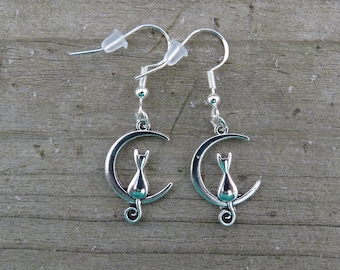 Sterling Silver Cat Moon Earrings, Cat Moon Earrings, Sterling Silver Earrings, Hypoallergenic Earrings, Sterling Silver, Cat Earrings, Moon