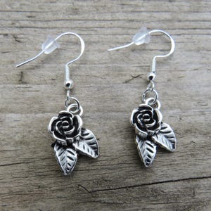 Sterling Silver Rose with Leaves Earrings, Rose Earrings, Sterling Silver Earrings, Hypoallergenic Earrings, Sterling Silver, Roses, Flowers