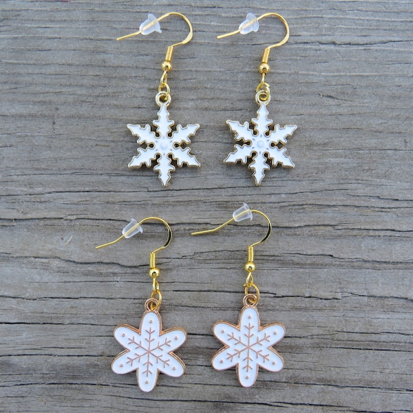 Sterling Gold White with Gold Snowflake Earrings, Sterling Gold Earrings, Hypoallergenic Earrings, White Snowflake Earrings, Snowflakes