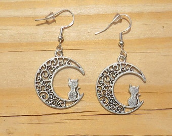 Sterling Silver Cat Moon Earrings, Cat Moon Earrings, Sterling Silver Earrings, Hypoallergenic Earrings, Sterling Silver, Cat Earrings, Moon