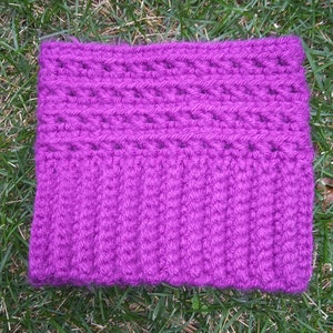 May include: A purple crocheted headband with a textured pattern.