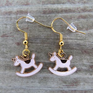 Sterling Gold Pink Unicorn Rocking Horse Earrings, Pink Earrings, Sterling Gold Earrings,  Hypoallergenic Earrings, Sterling Gold, Unicorn