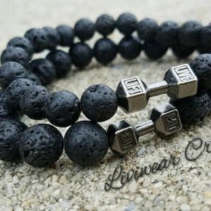 Live Lift Fitness Dumbell Lavastone Bracelet for Men or Women, Weight Lifting Gift, Gym, Fitness Trainer, Barbell
