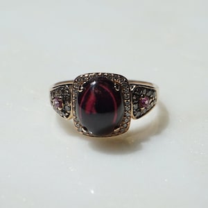 Rose Gold Garnet Halo Ring / Estate 14K Rose Gold 5.45TCW Cabochon Garnet, Diamond, & Pink Topaz Halo Ring / 4 carat Garnet Ring  Sz 9.5