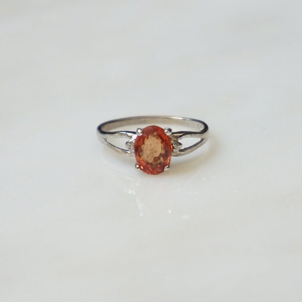 1.89ct Orange Sapphire Ring / Vintage Estate 10K White Gold 1.89 carat Oval Red-Orange Padparadscha Sapphire Solitaire Engagement Ring  Sz 7