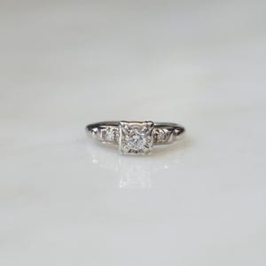 Square Diamond Ring / Vintage Estate C1950 14K White Gold 0.17TCW Round Brilliant cut Solitaire Square Illusion Engagement Ring  Sz 3.5